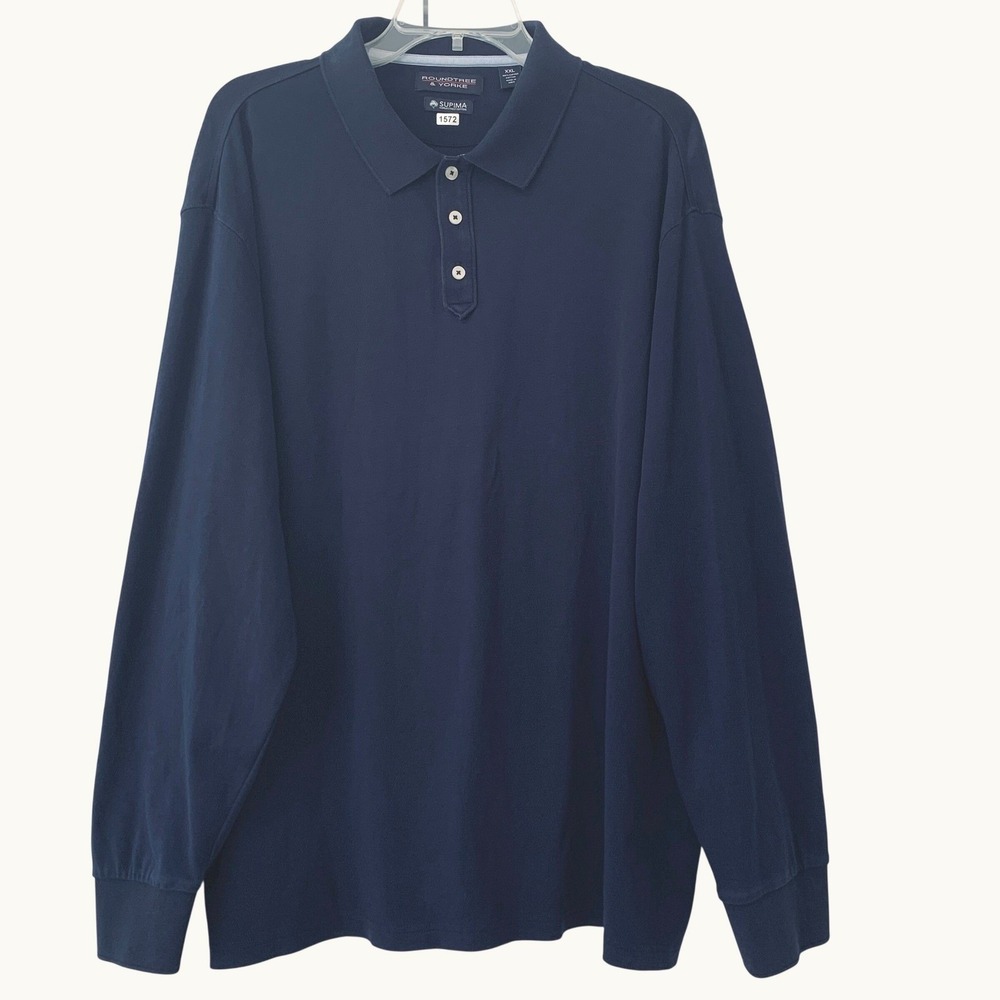 Roundtree & Yorke Long Sleeve Polo Shirt Men XXL Navy Blue 100% Supima Cotton
